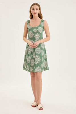 Kalın Askılı Desenli Pileli Mini Elbise - 23