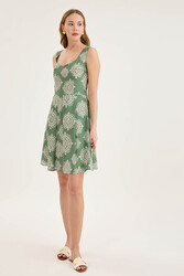 Kalın Askılı Desenli Pileli Mini Elbise - 24