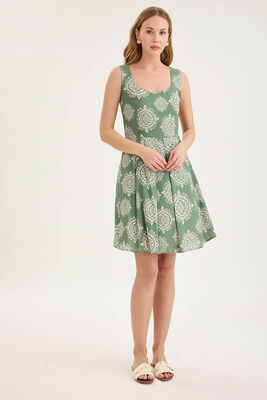 Kalın Askılı Desenli Pileli Mini Elbise - 27