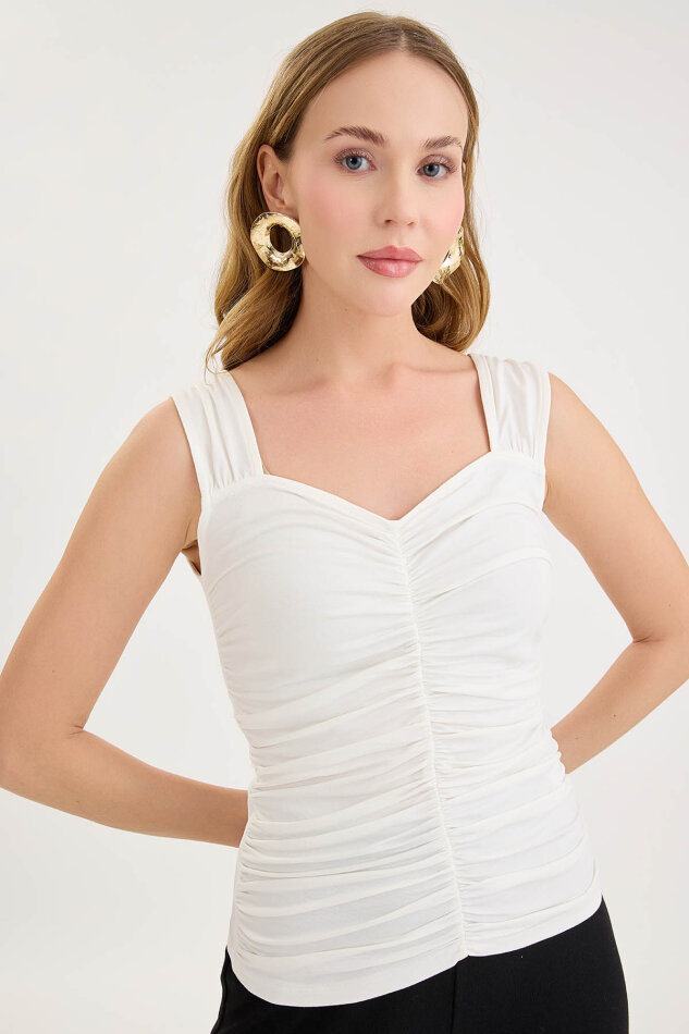 Kalın Askılı Önü Büzgülü Bluz - 6