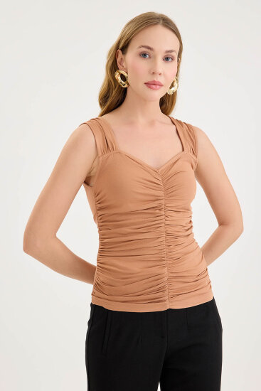 Kalın Askılı Önü Büzgülü Bluz - 8