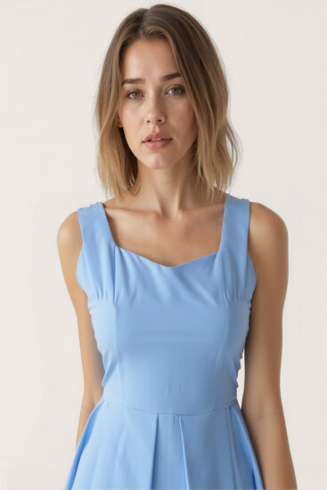 Kalp Yaka Sıfır Kol Pileli Elbise - 14