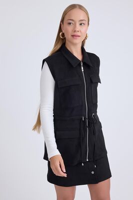 Kapak Cepli Beli Bağcıklı Süet Ceket - Thumbnail (4)