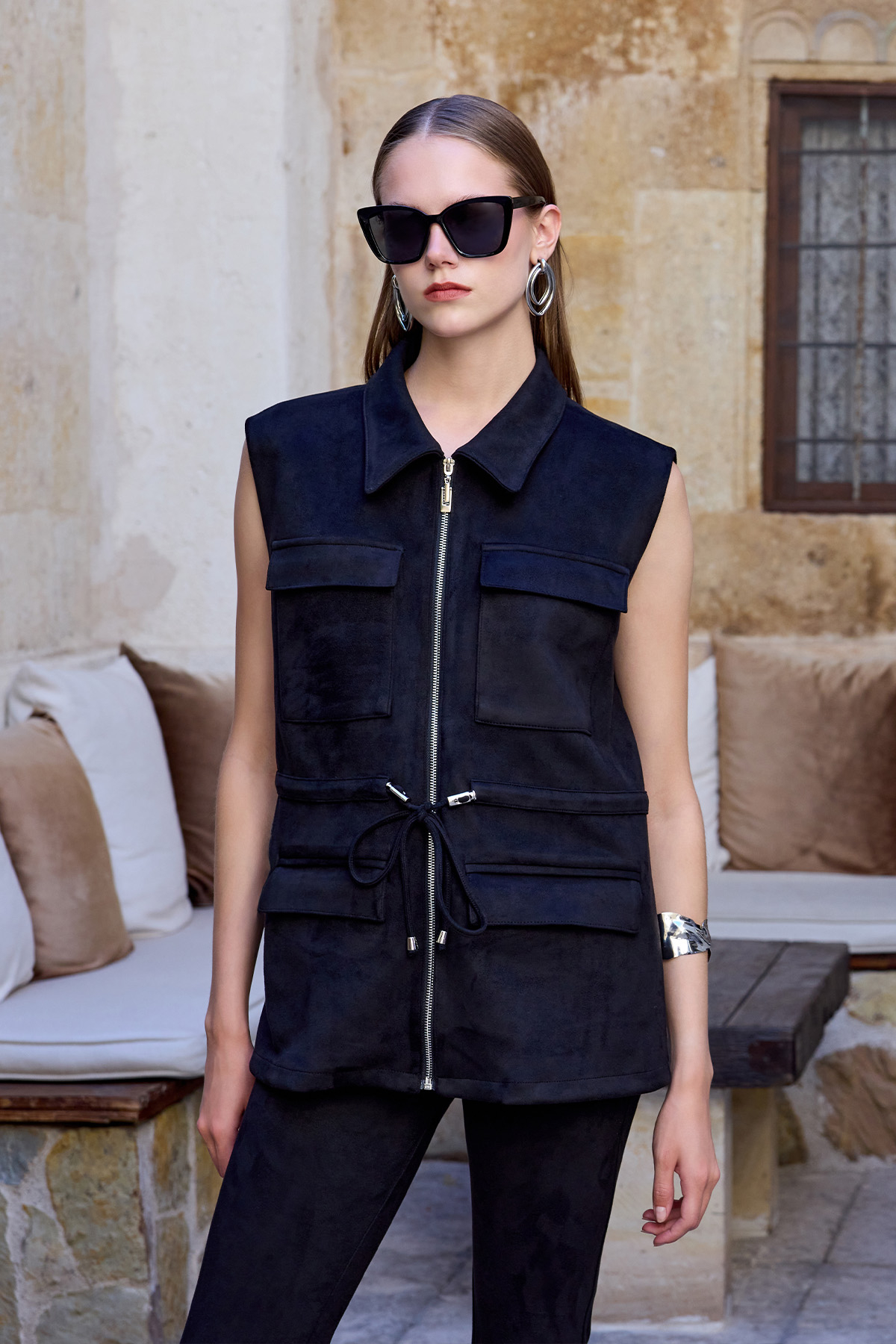 VİTRİN - Kapak Cepli Beli Bağcıklı Süet Ceket