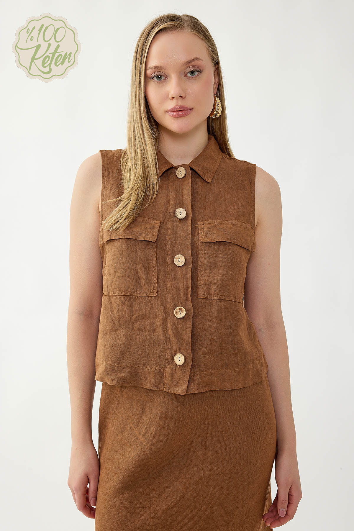 VİTRİN - %100 Keten Kapak Cepli Düğmeli Gömlek