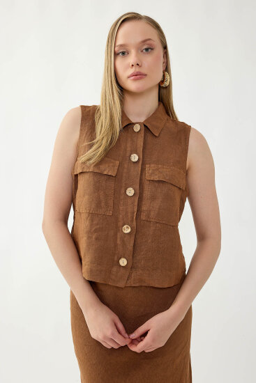 %100 Keten Kapak Cepli Düğmeli Gömlek - 12