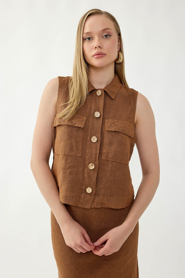 %100 Keten Kapak Cepli Düğmeli Gömlek - 12