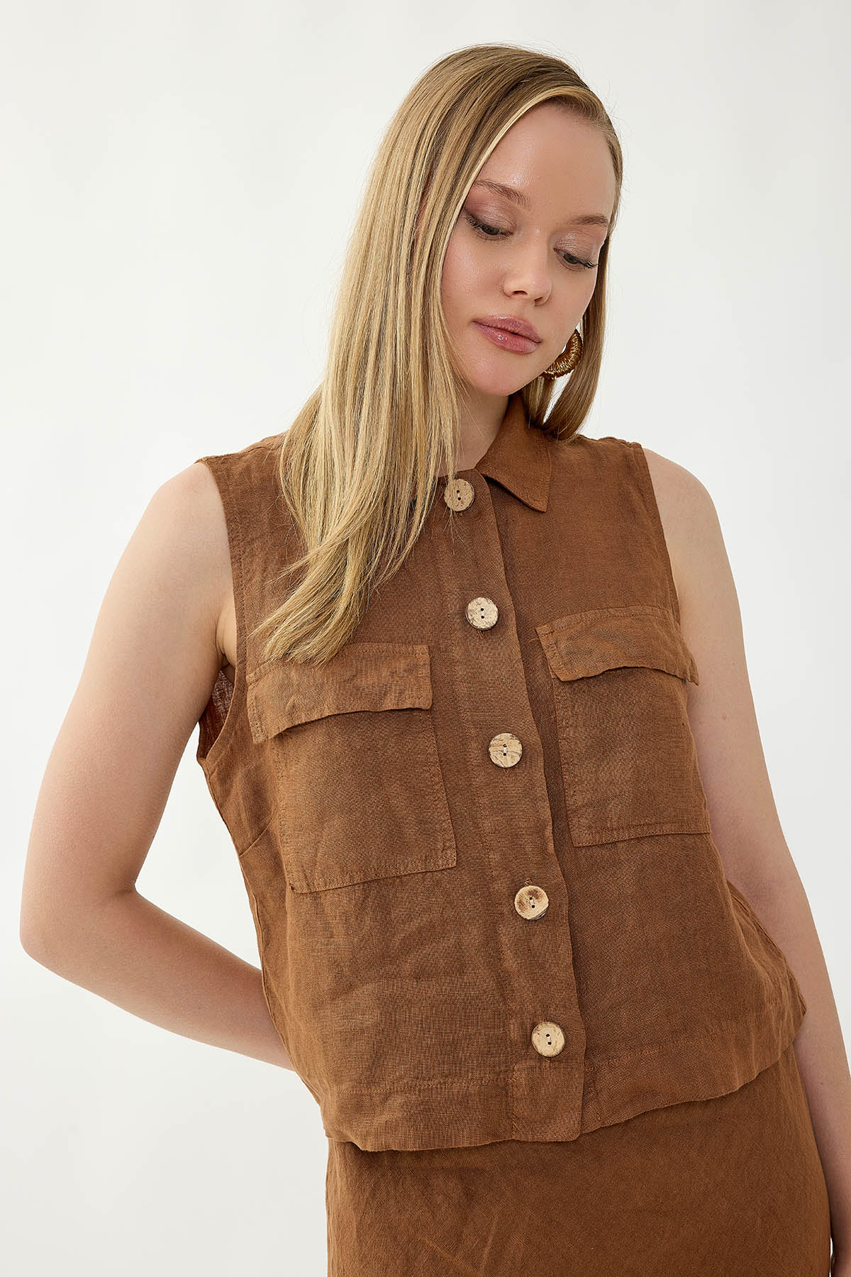 %100 Keten Kapak Cepli Düğmeli Gömlek - Thumbnail