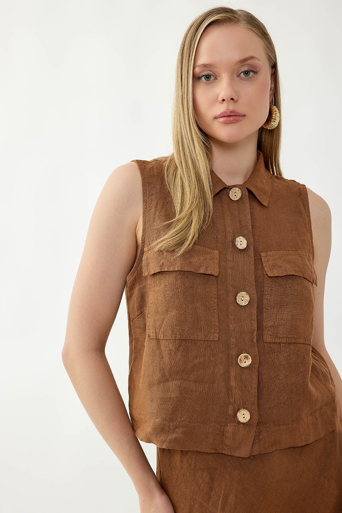 %100 Keten Kapak Cepli Düğmeli Gömlek - Thumbnail