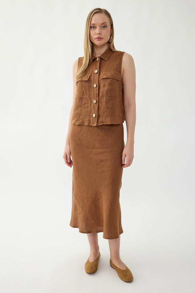 %100 Keten Kapak Cepli Düğmeli Gömlek - 11