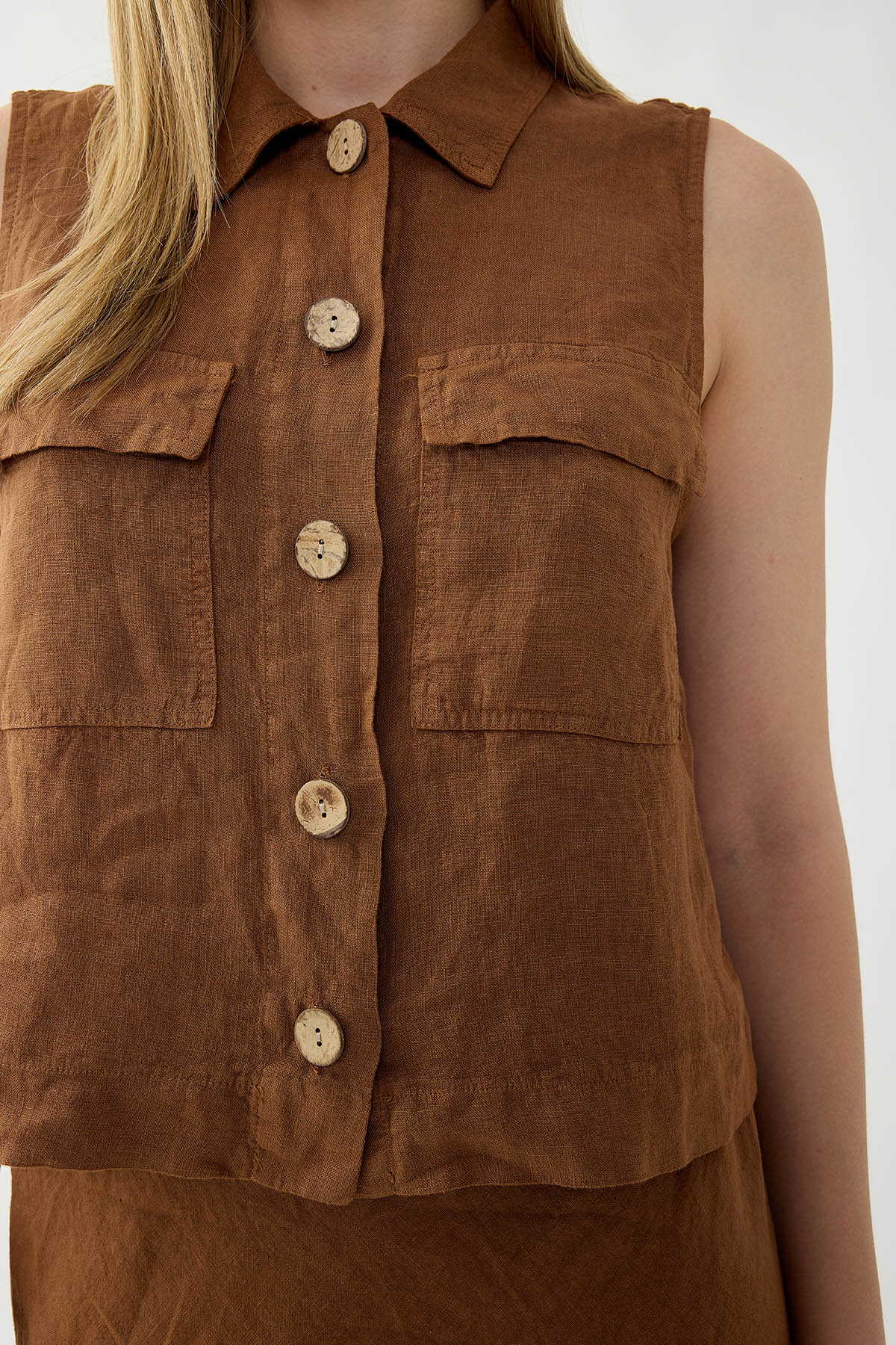 %100 Keten Kapak Cepli Düğmeli Gömlek - Thumbnail