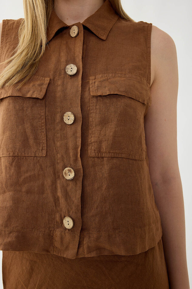 %100 Keten Kapak Cepli Düğmeli Gömlek - 16