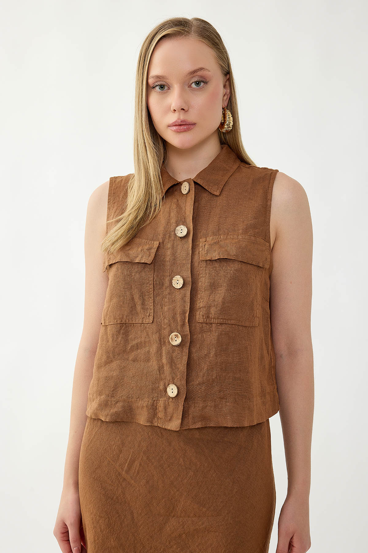 %100 Keten Kapak Cepli Düğmeli Gömlek - Thumbnail