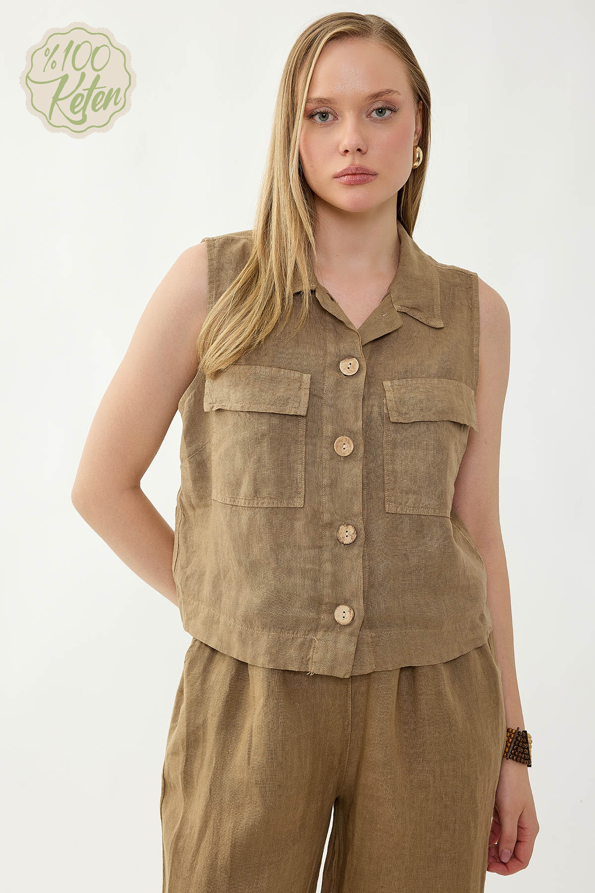 %100 Keten Kapak Cepli Düğmeli Gömlek - Thumbnail