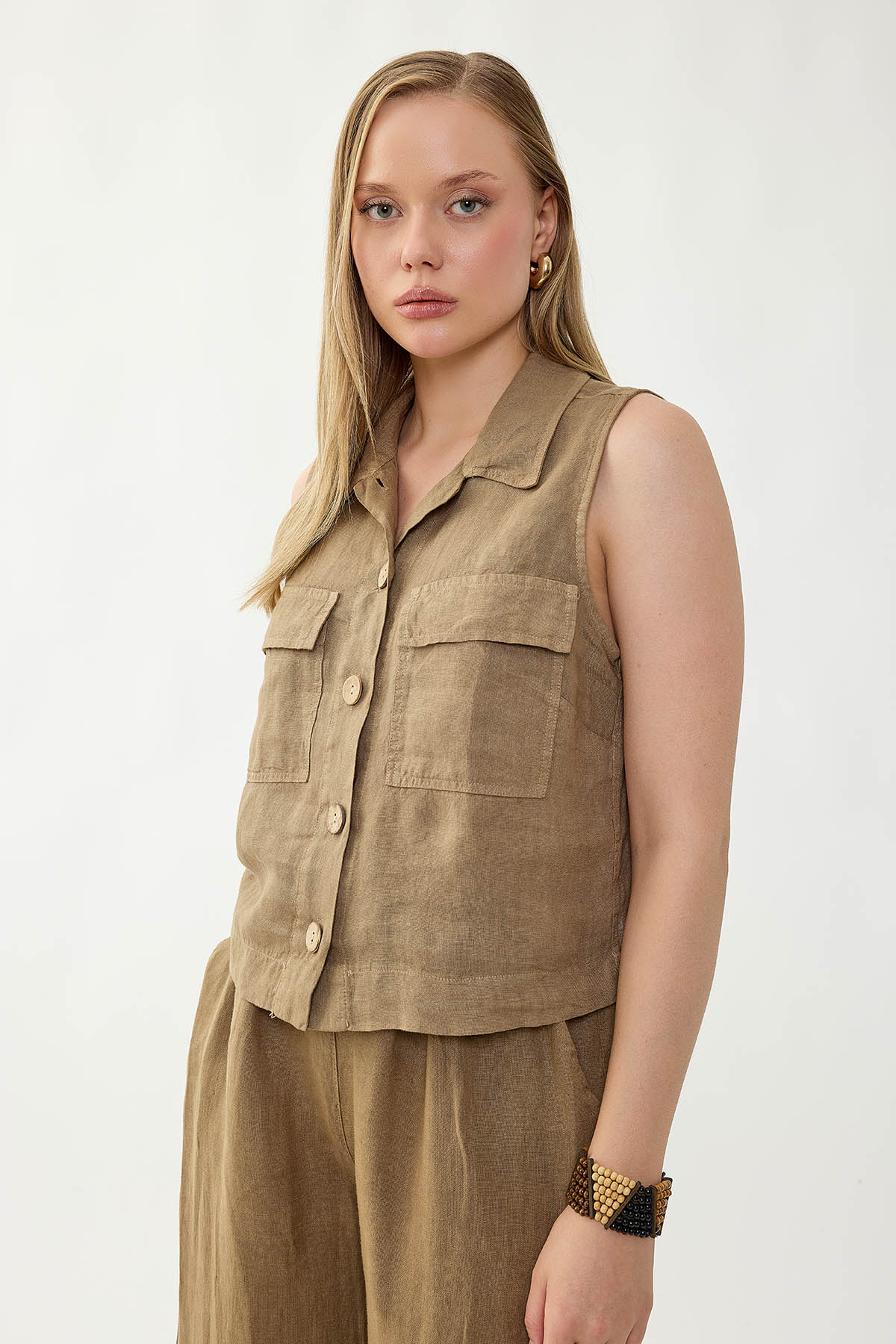 %100 Keten Kapak Cepli Düğmeli Gömlek - Thumbnail