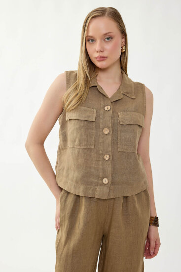 %100 Keten Kapak Cepli Düğmeli Gömlek - 23