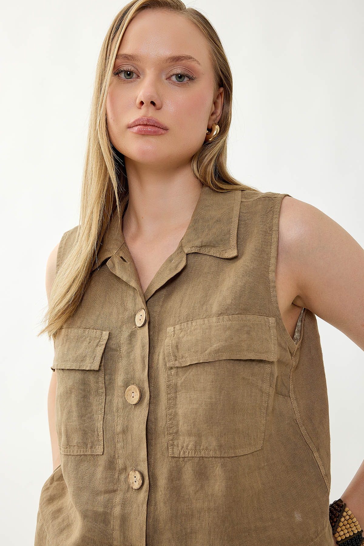 %100 Keten Kapak Cepli Düğmeli Gömlek - Thumbnail