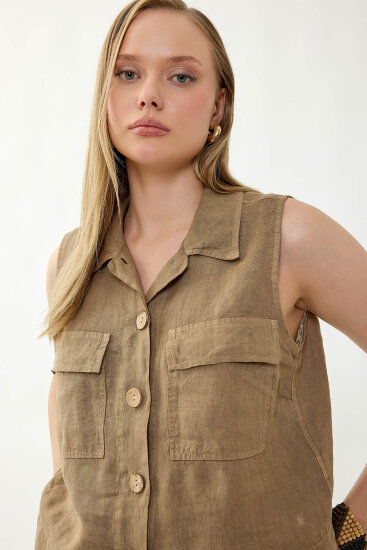 %100 Keten Kapak Cepli Düğmeli Gömlek - 24