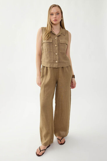 %100 Keten Kapak Cepli Düğmeli Gömlek - 19