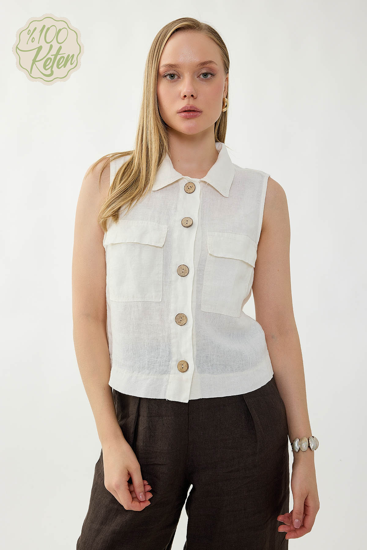 %100 Keten Kapak Cepli Düğmeli Gömlek - Thumbnail