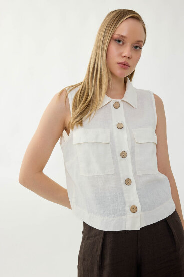 %100 Keten Kapak Cepli Düğmeli Gömlek - 26