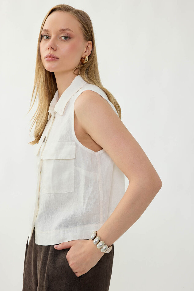 %100 Keten Kapak Cepli Düğmeli Gömlek - 27