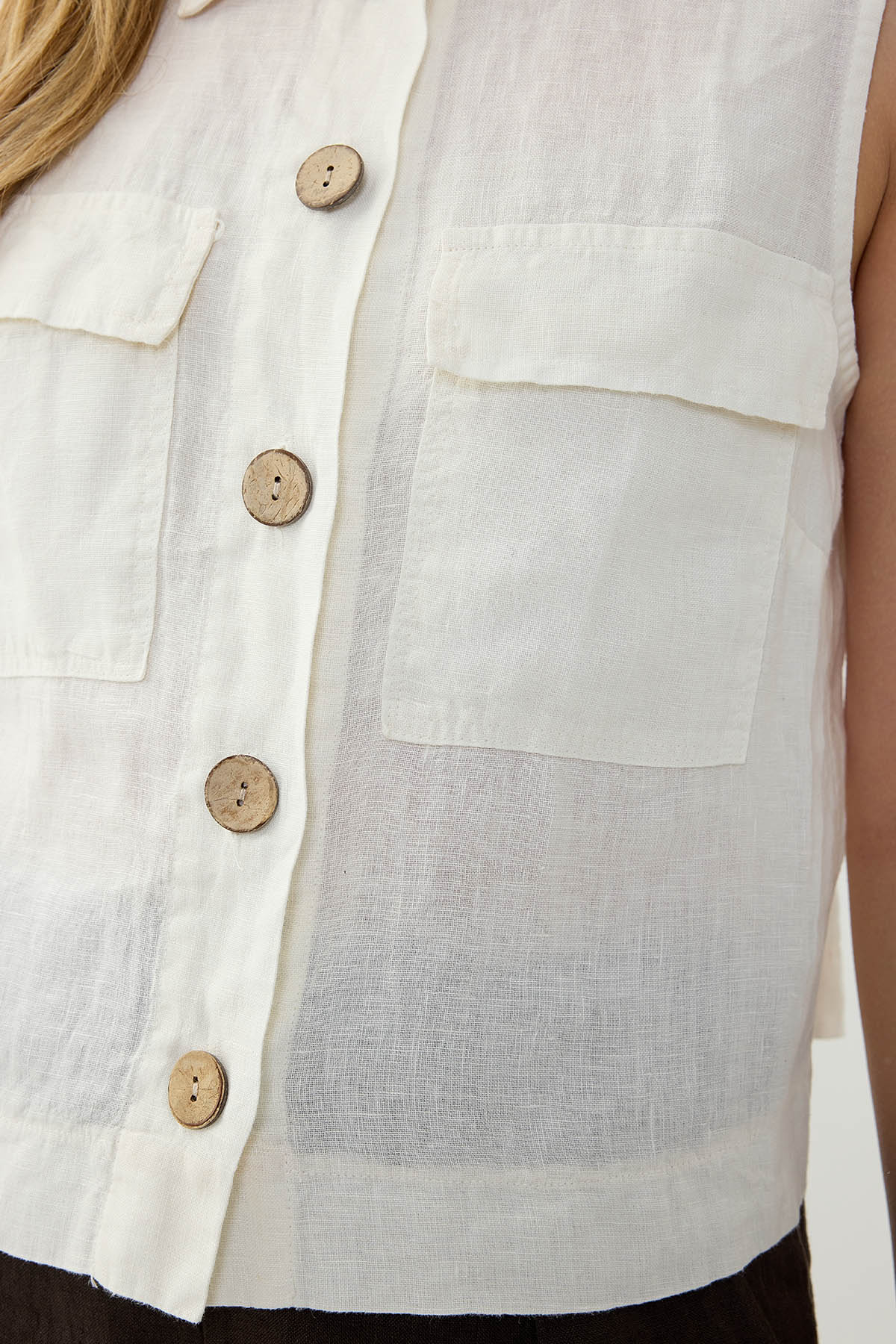 %100 Keten Kapak Cepli Düğmeli Gömlek - Thumbnail