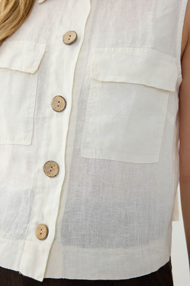 %100 Keten Kapak Cepli Düğmeli Gömlek - 28