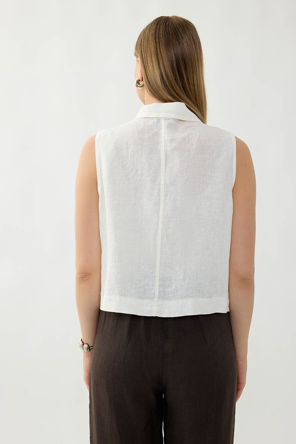 %100 Keten Kapak Cepli Düğmeli Gömlek - Thumbnail