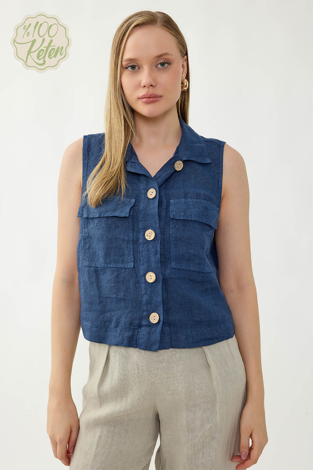 %100 Keten Kapak Cepli Düğmeli Gömlek - Thumbnail