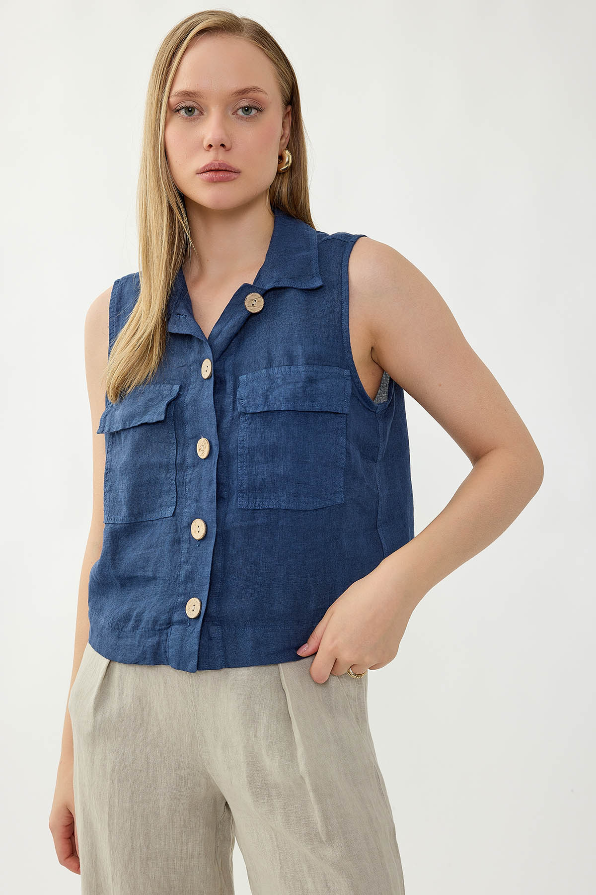 %100 Keten Kapak Cepli Düğmeli Gömlek - Thumbnail