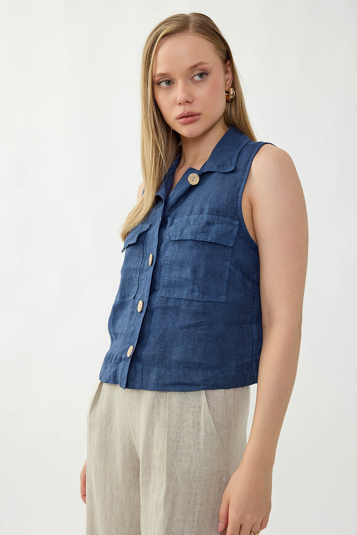 %100 Keten Kapak Cepli Düğmeli Gömlek - Thumbnail