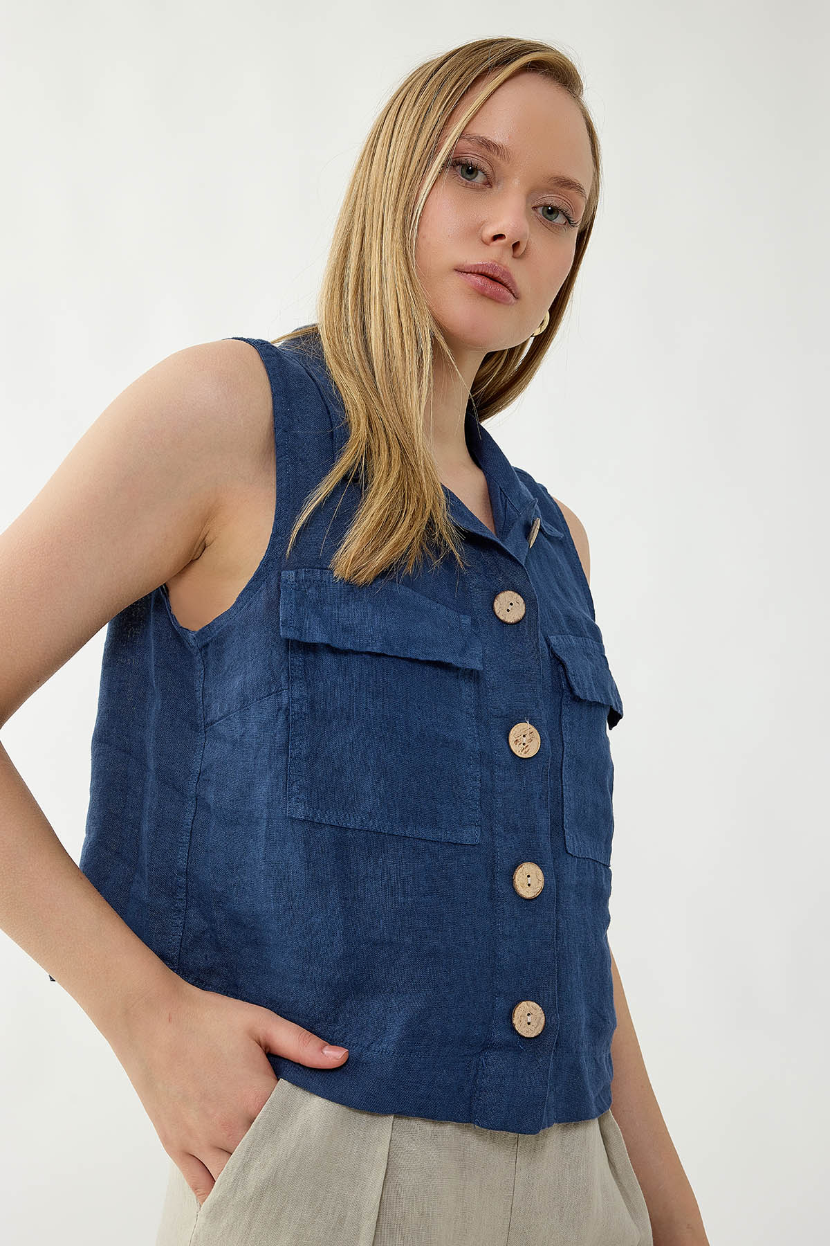 %100 Keten Kapak Cepli Düğmeli Gömlek - Thumbnail