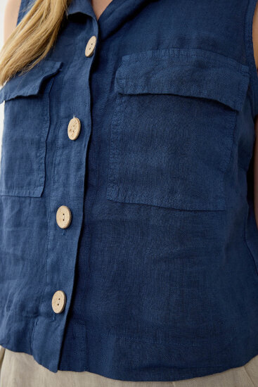 %100 Keten Kapak Cepli Düğmeli Gömlek - 35