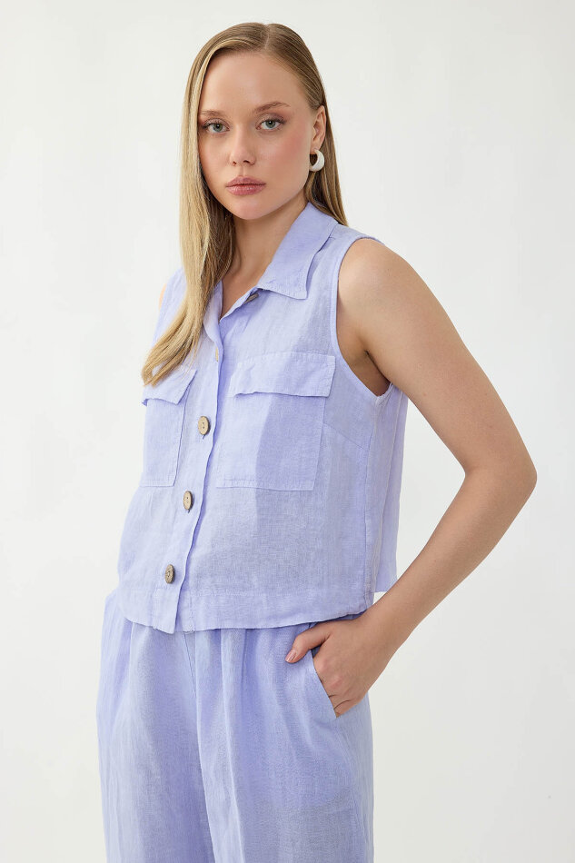 %100 Keten Kapak Cepli Düğmeli Gömlek - 3