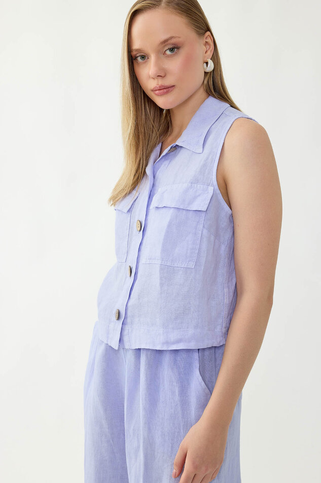 %100 Keten Kapak Cepli Düğmeli Gömlek - 4