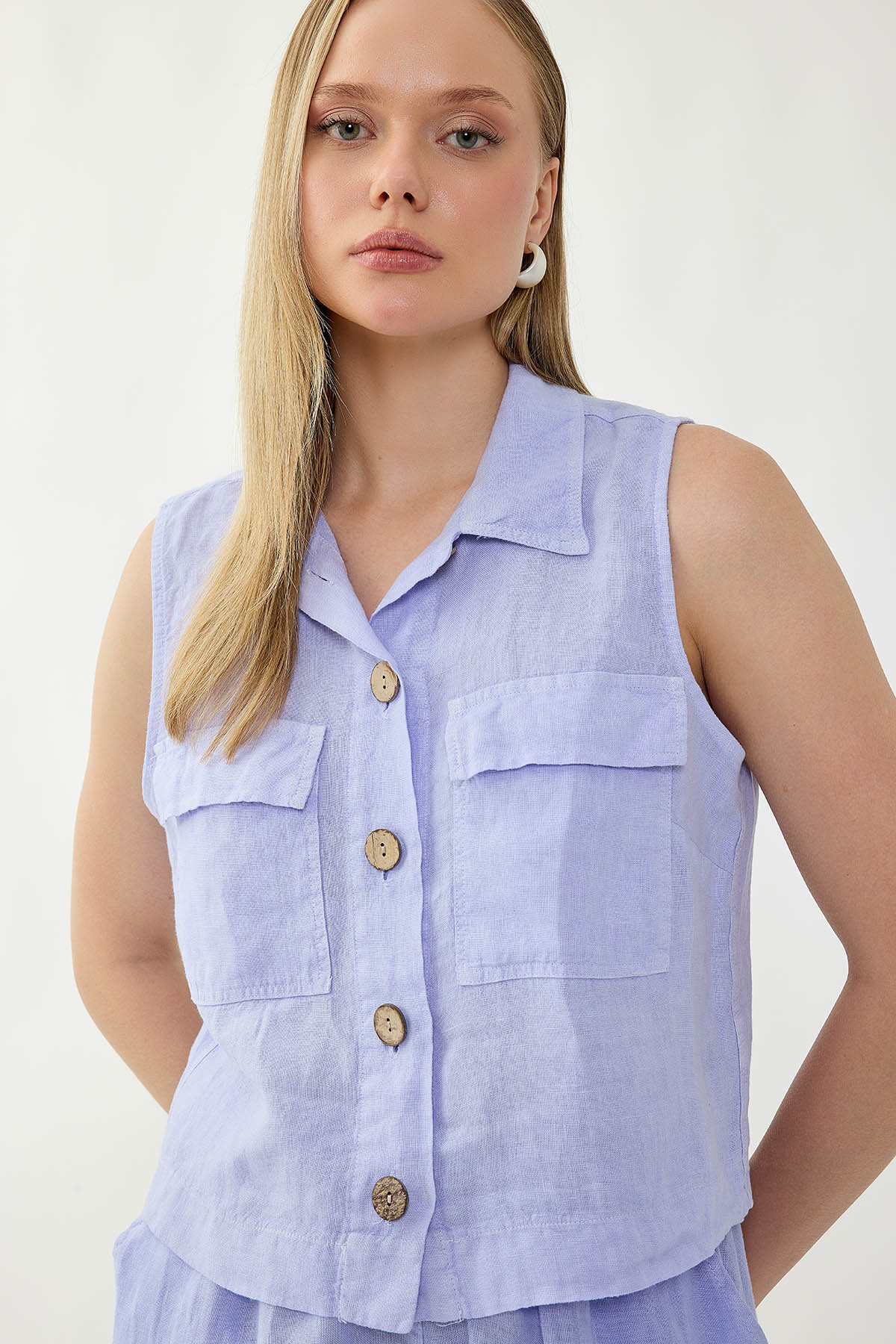 %100 Keten Kapak Cepli Düğmeli Gömlek - Thumbnail