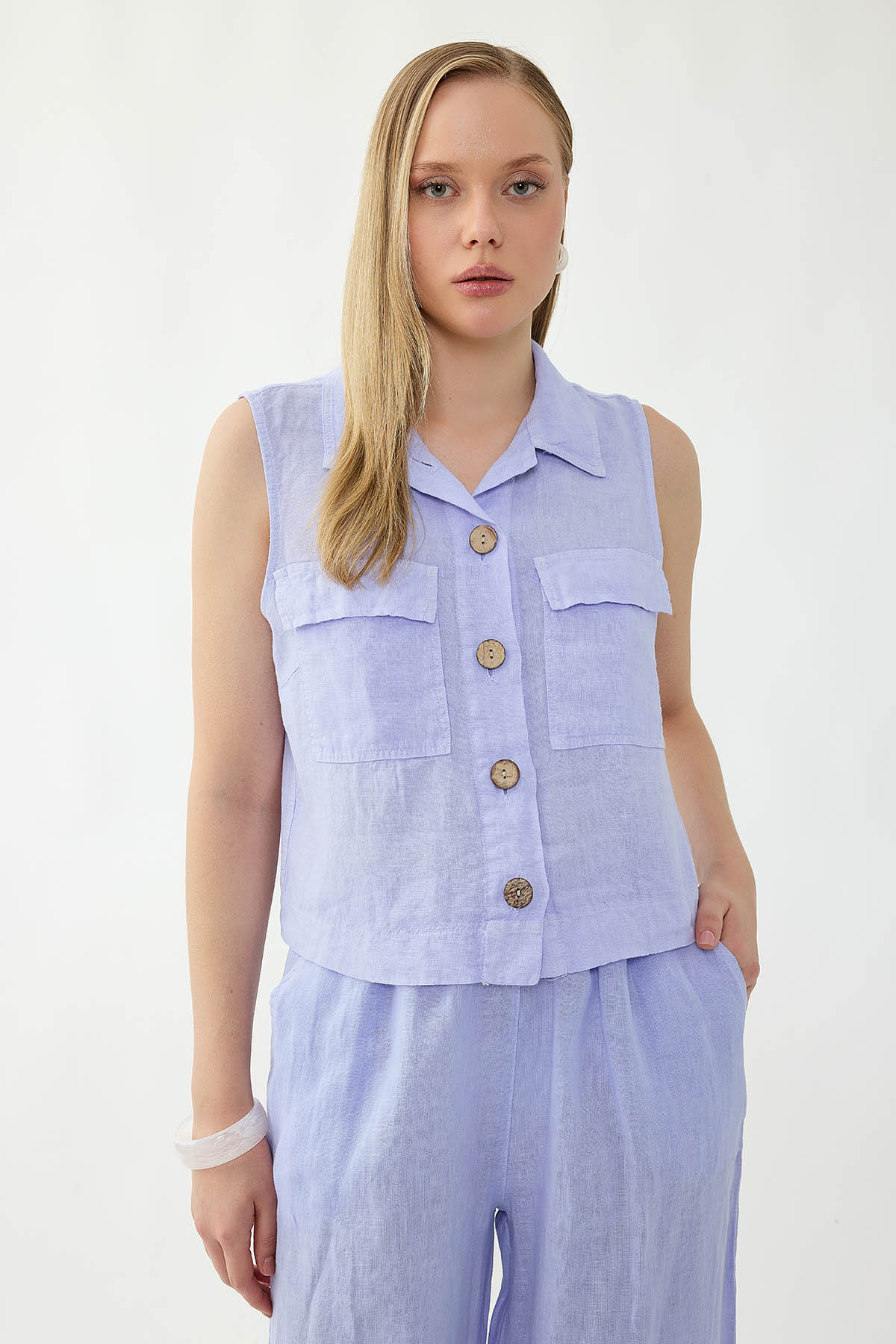 %100 Keten Kapak Cepli Düğmeli Gömlek - Thumbnail