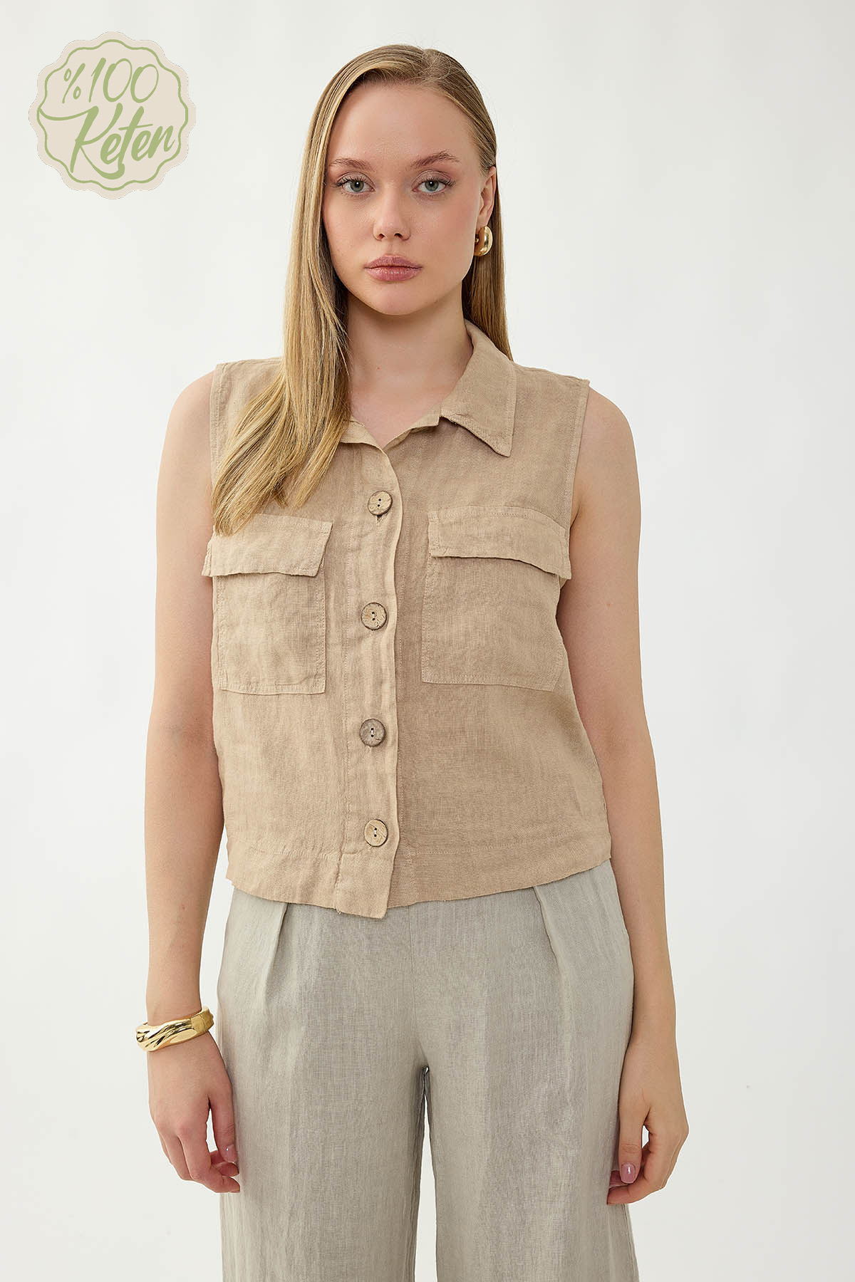 %100 Keten Kapak Cepli Düğmeli Gömlek - Thumbnail