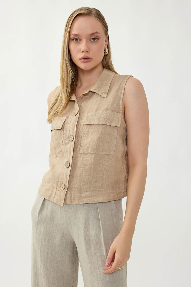 %100 Keten Kapak Cepli Düğmeli Gömlek - 37