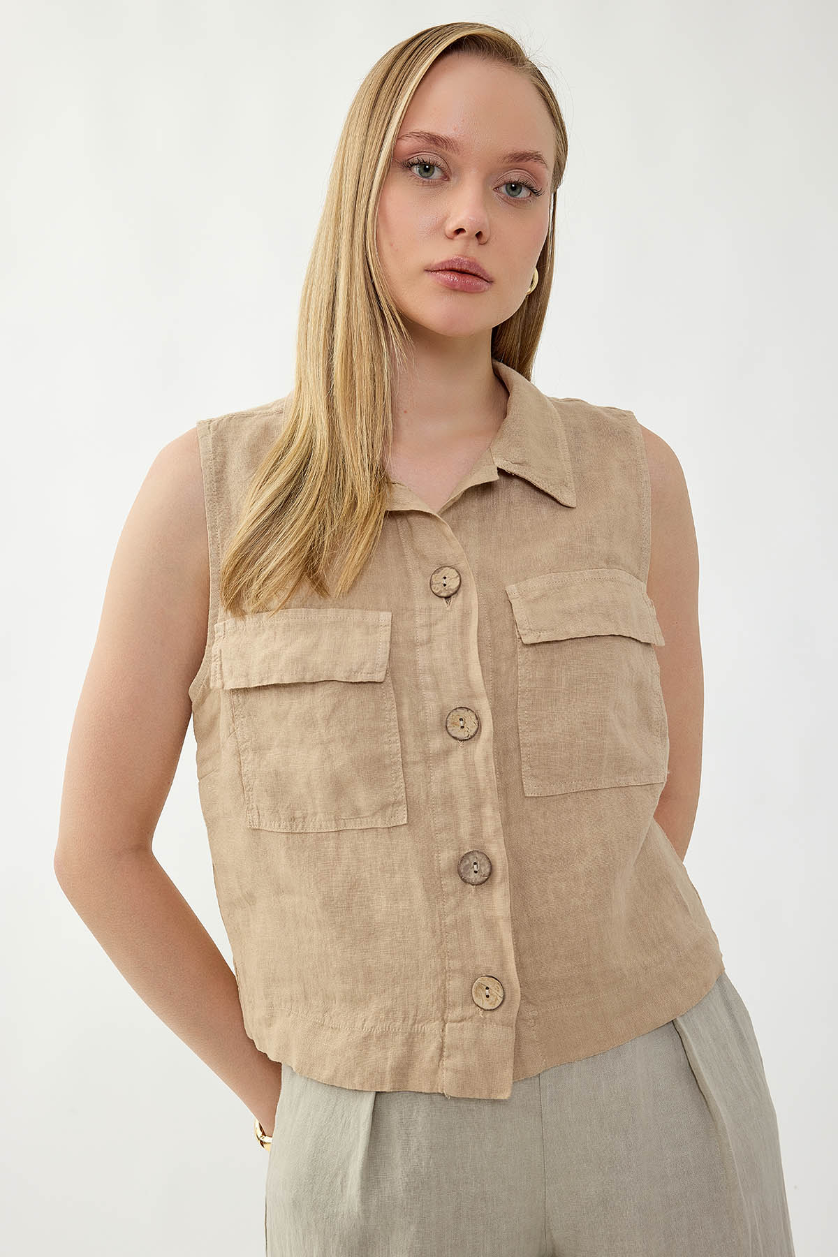 %100 Keten Kapak Cepli Düğmeli Gömlek - Thumbnail