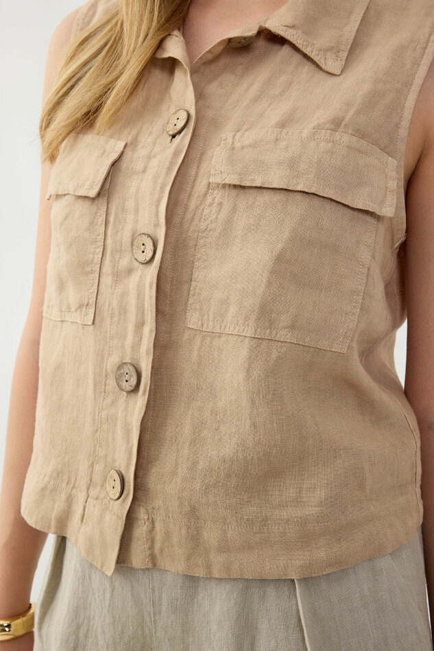 %100 Keten Kapak Cepli Düğmeli Gömlek - 39