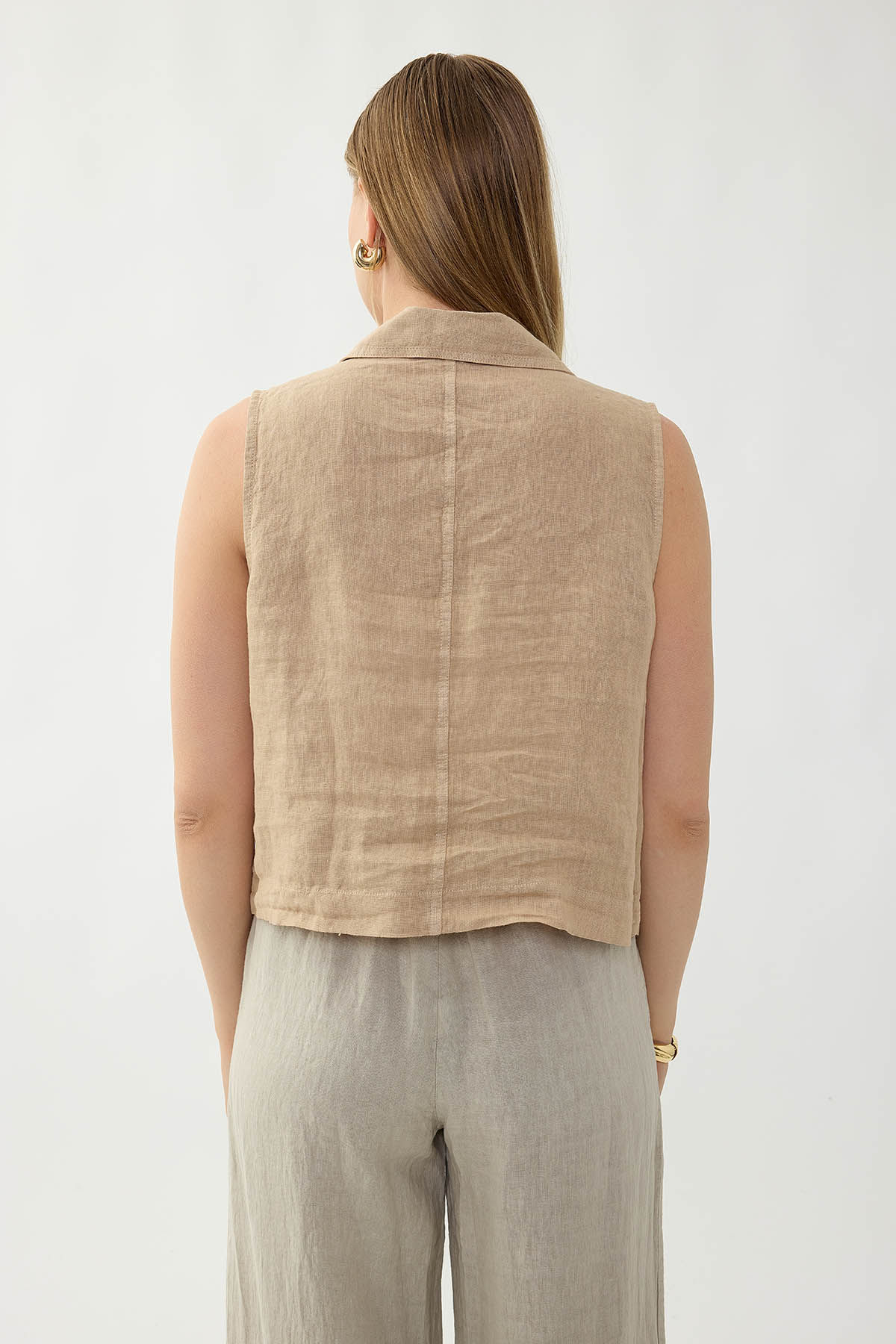 %100 Keten Kapak Cepli Düğmeli Gömlek - Thumbnail