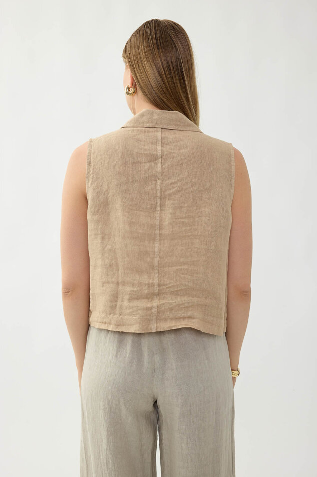 %100 Keten Kapak Cepli Düğmeli Gömlek - 40