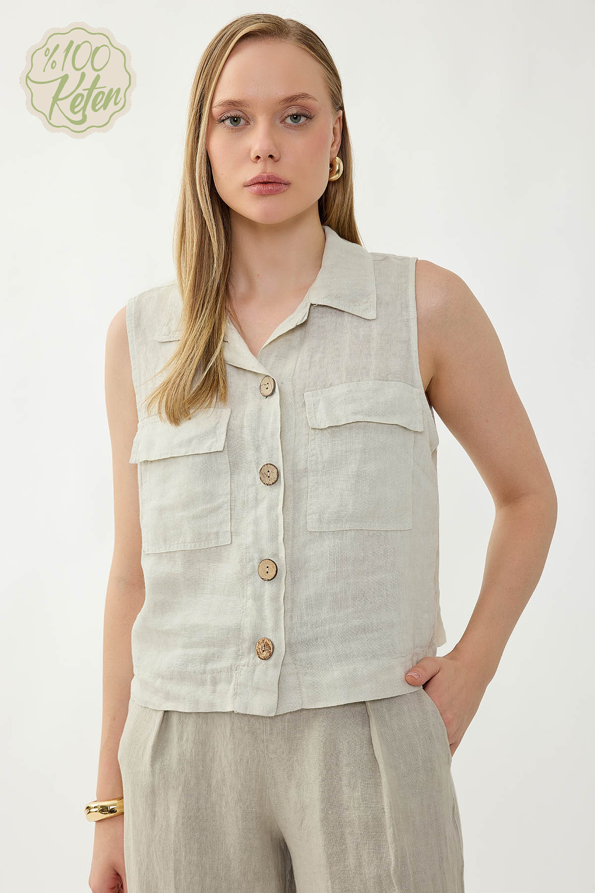 %100 Keten Kapak Cepli Düğmeli Gömlek - Thumbnail