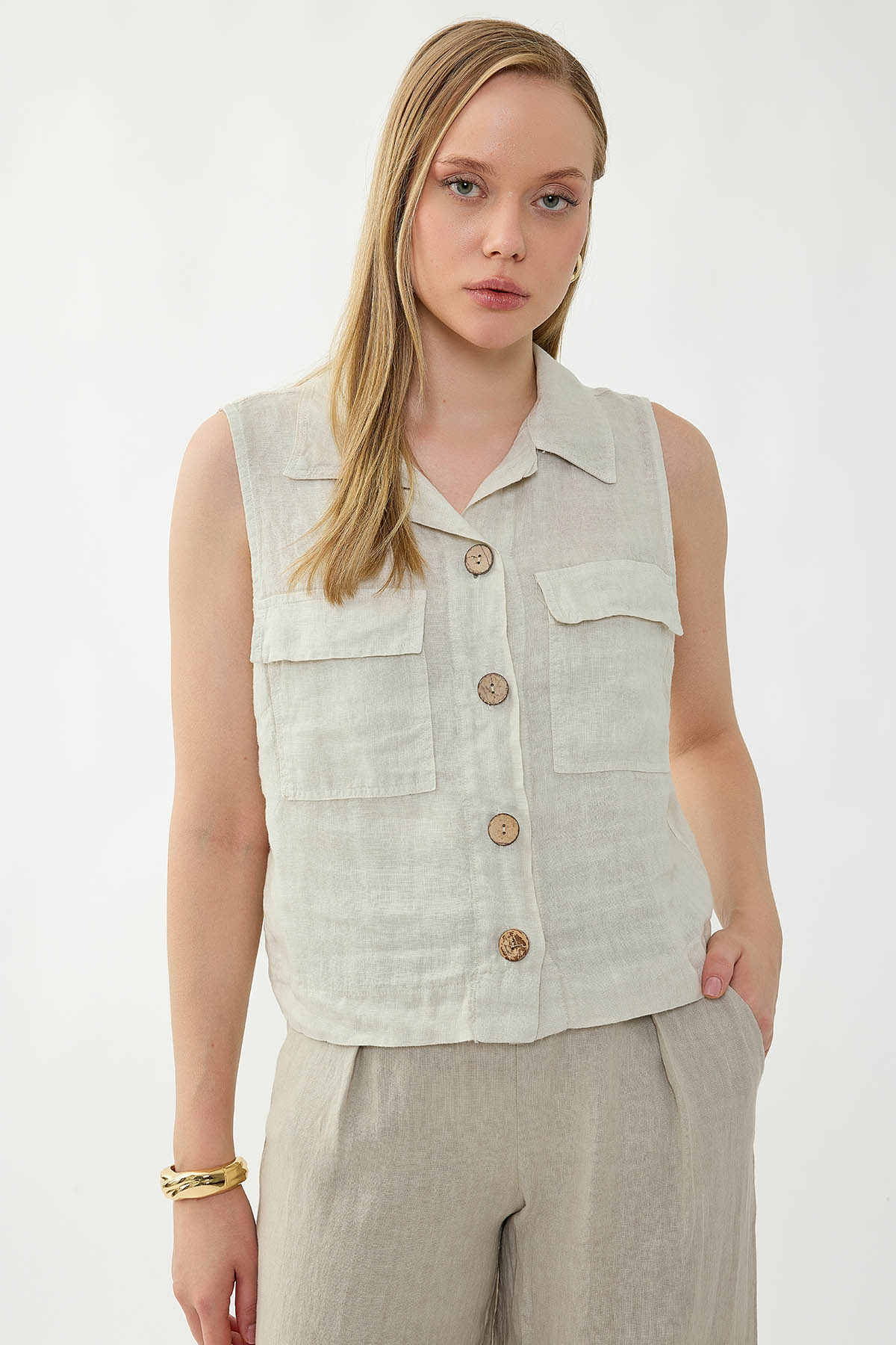 %100 Keten Kapak Cepli Düğmeli Gömlek - Thumbnail