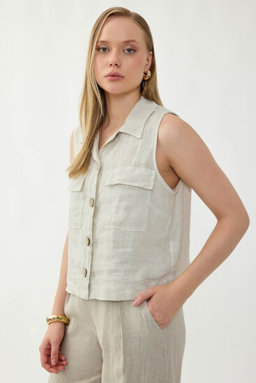 %100 Keten Kapak Cepli Düğmeli Gömlek - 43