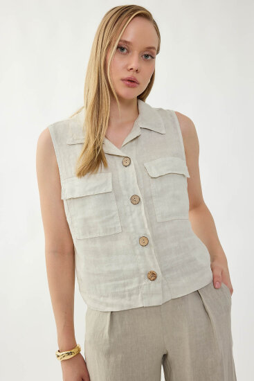 %100 Keten Kapak Cepli Düğmeli Gömlek - 45