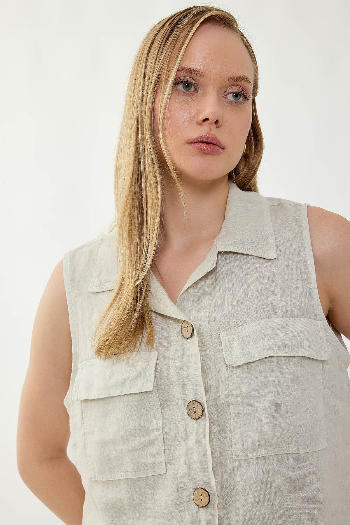 %100 Keten Kapak Cepli Düğmeli Gömlek - Thumbnail