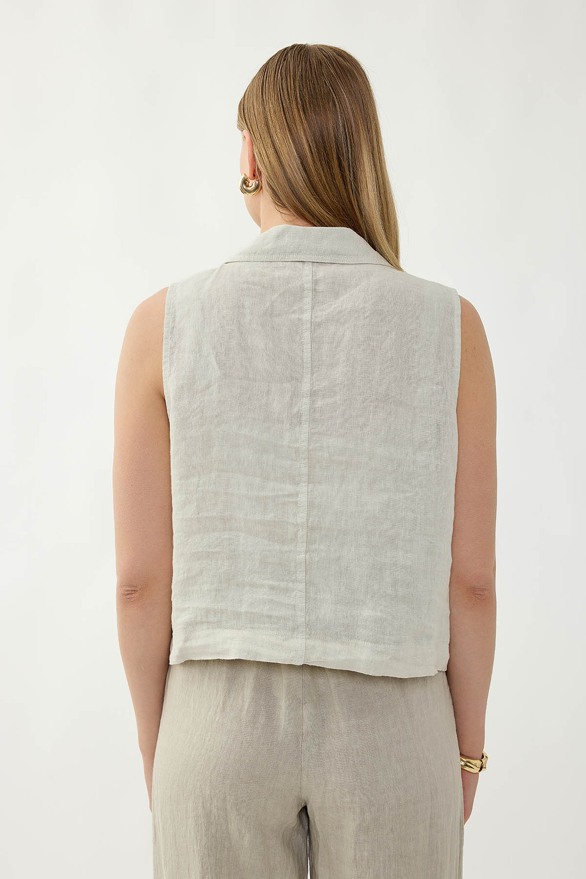 %100 Keten Kapak Cepli Düğmeli Gömlek - Thumbnail